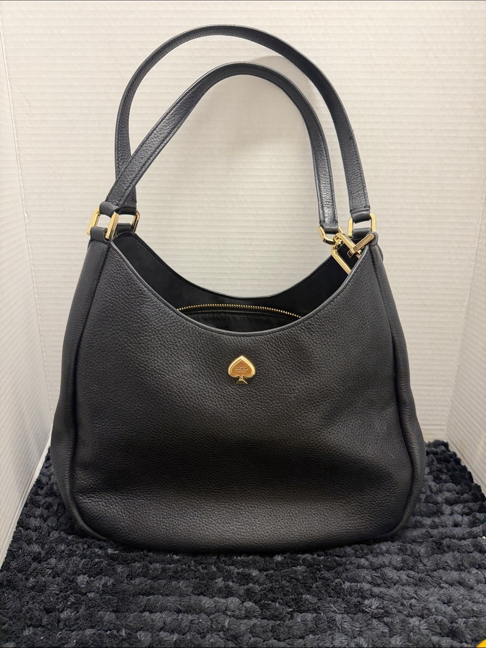 Kate Spade Black Pebbled Leather Shoulder Bag with Gold Spade Detail